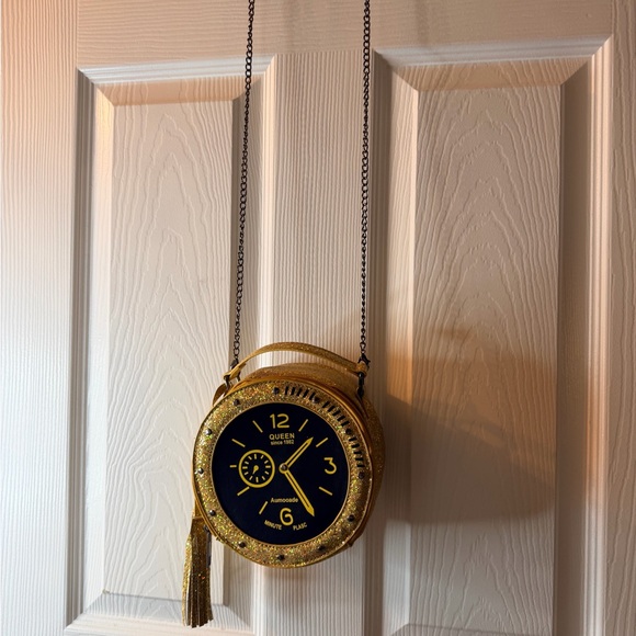 Queen Gold and Black Glitter Clock Chain  Shoulder Evening Handbag - Picture 5 of 5